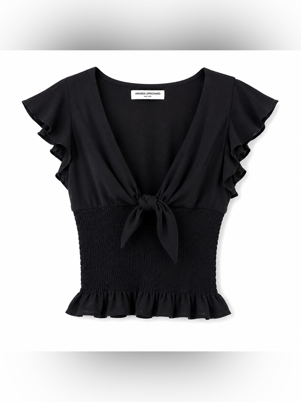 Amanda Uprichard Black Smocked Tie Front Ruffle Top NWOT | Size M